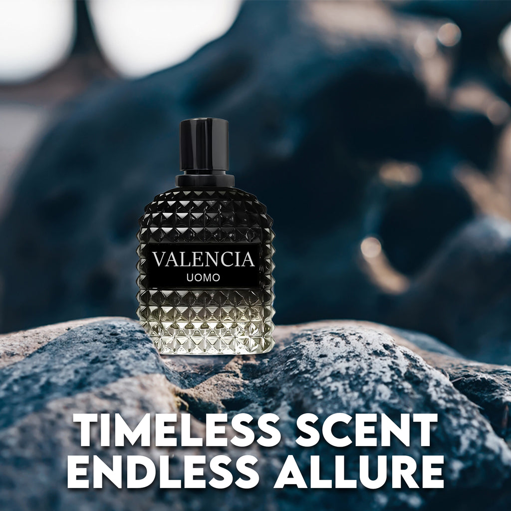 Valencia UOMO for Men Eau De Parfum - Woody Aromatic Fragrance - Floral Twist Blended with a Cool Facet of Mineral Notes & Salt - Edgy yet Masculine Scent - Cologne or Everyday Use - 100ml Bottle