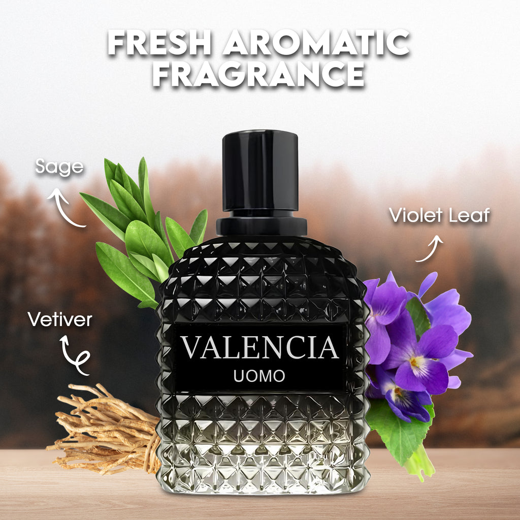 Valencia UOMO for Men Eau De Parfum - Woody Aromatic Fragrance - Floral Twist Blended with a Cool Facet of Mineral Notes & Salt - Edgy yet Masculine Scent - Cologne or Everyday Use - 100ml Bottle
